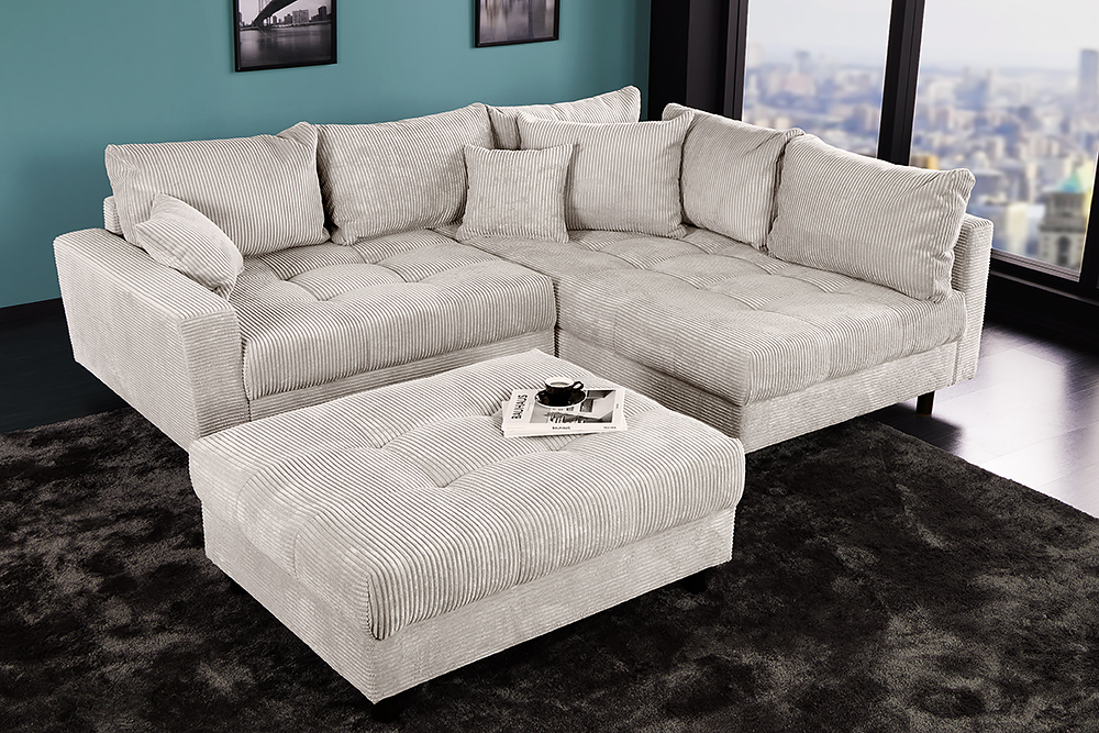 Modernes Ecksofa KENT 220cm beige Cord inkl. Hocker Federkern L-Form Wohnlandschaft