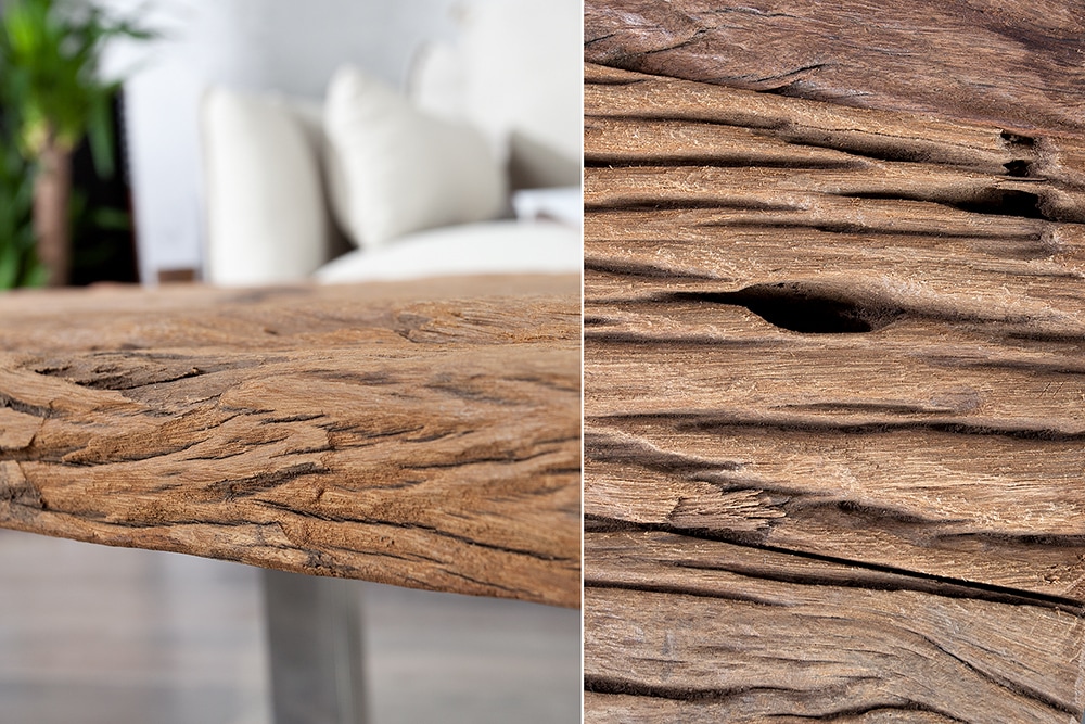 Eindrucksvoller Couchtisch BARRACUDA 110cm antik Teakholz mit Kufengestell und Glas