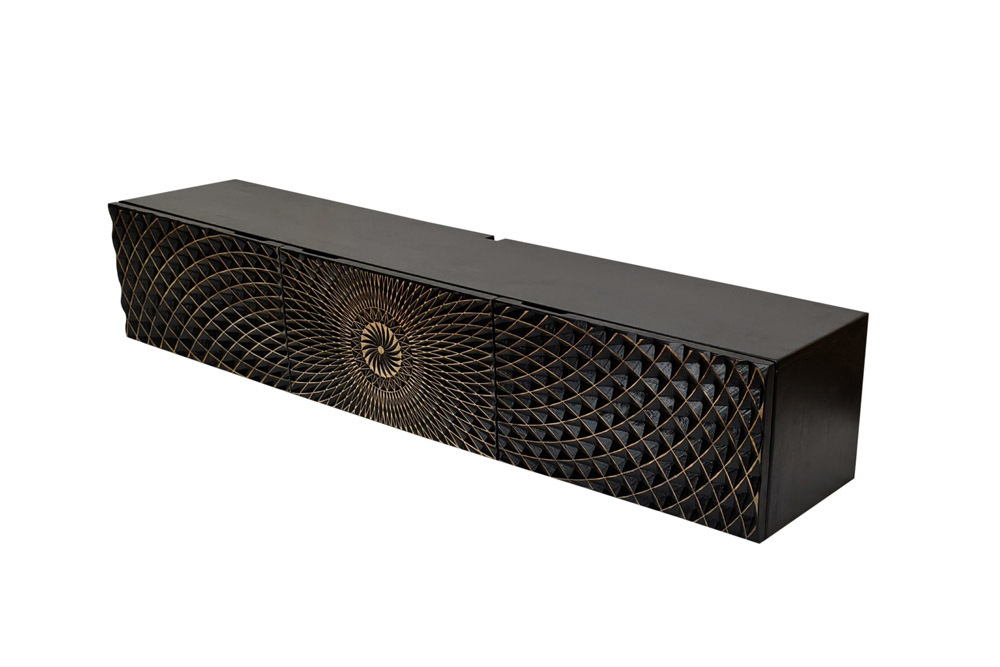 Hängendes TV-Board ILLUSION 160cm schwarz Mangoholz Massivholz mit 3D Schnitzereien gold