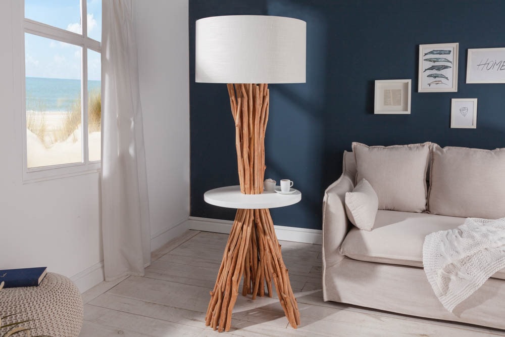 Funktionelle Stehlampe SERVANT 153cm Longan-Massivholz mit Tisch und Leinenschirm