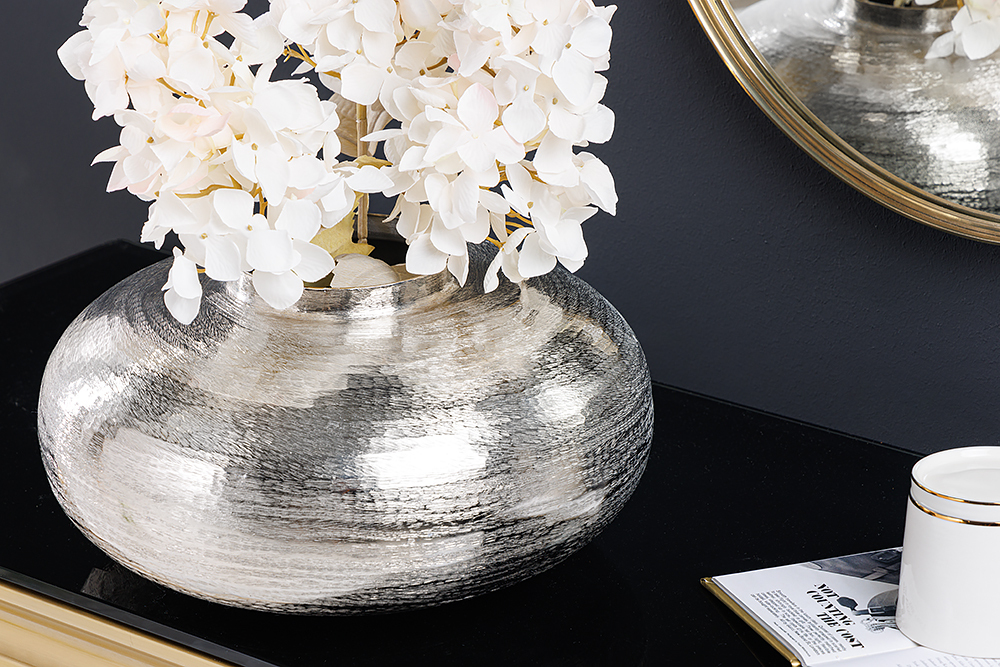 Moderne Deko Vase ABSTRACT ORIENT 35cm silber rund Metall Hammerschlag-Design