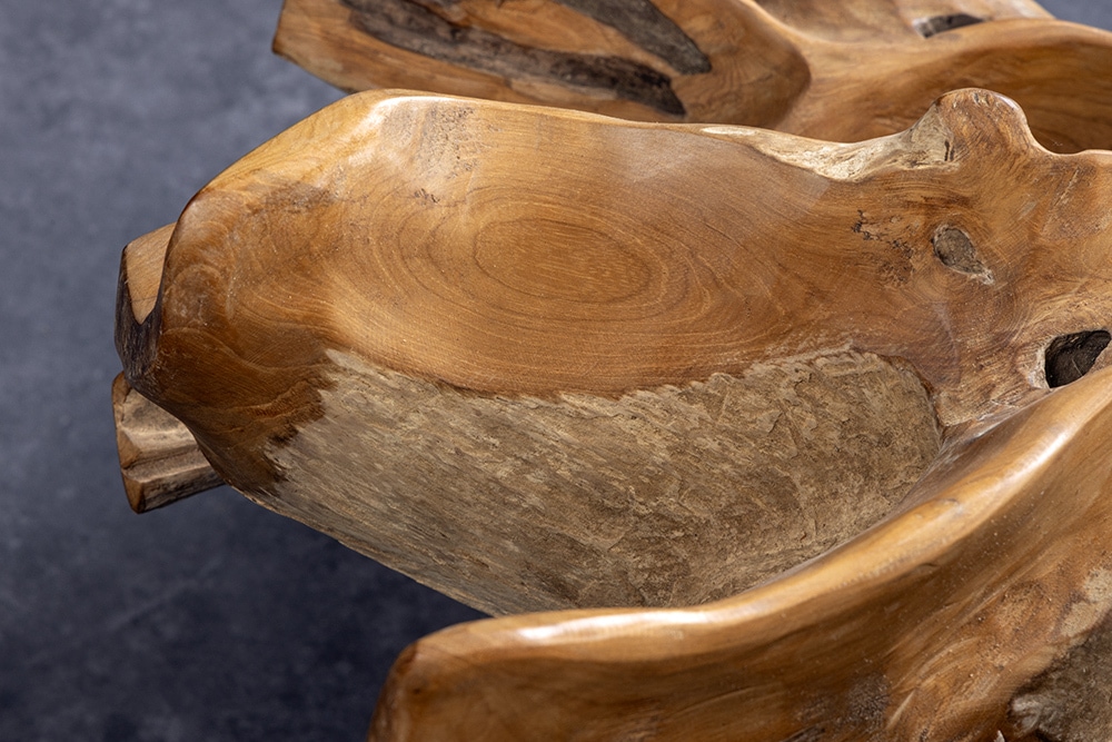 Runder Couchtisch ROOT 100cm natur Teak Massivholz aus Wurzelholz mit Glasplatte