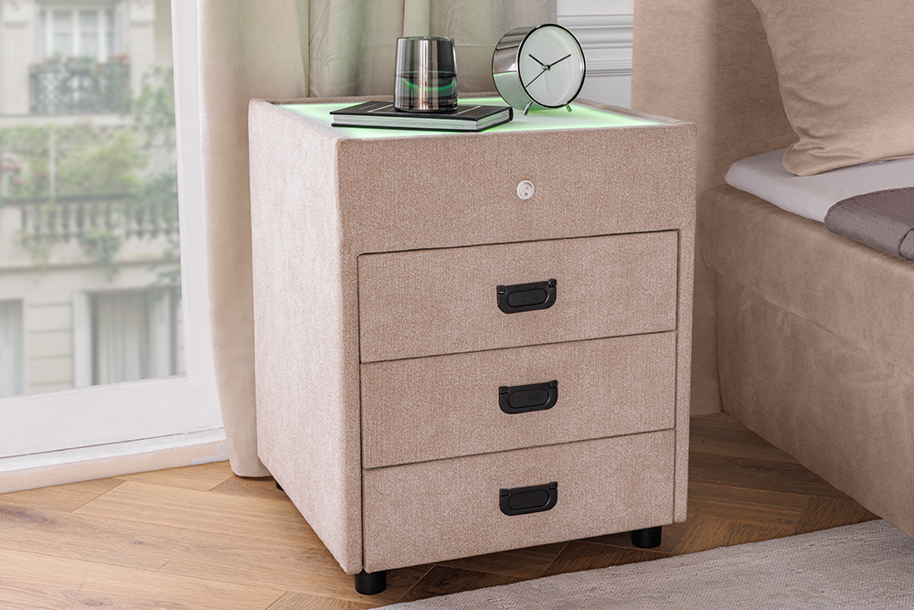 Quadratischer Nachttisch TOULOUSE 55cm beige Samt inkl. Beleuchtung und Schubladen