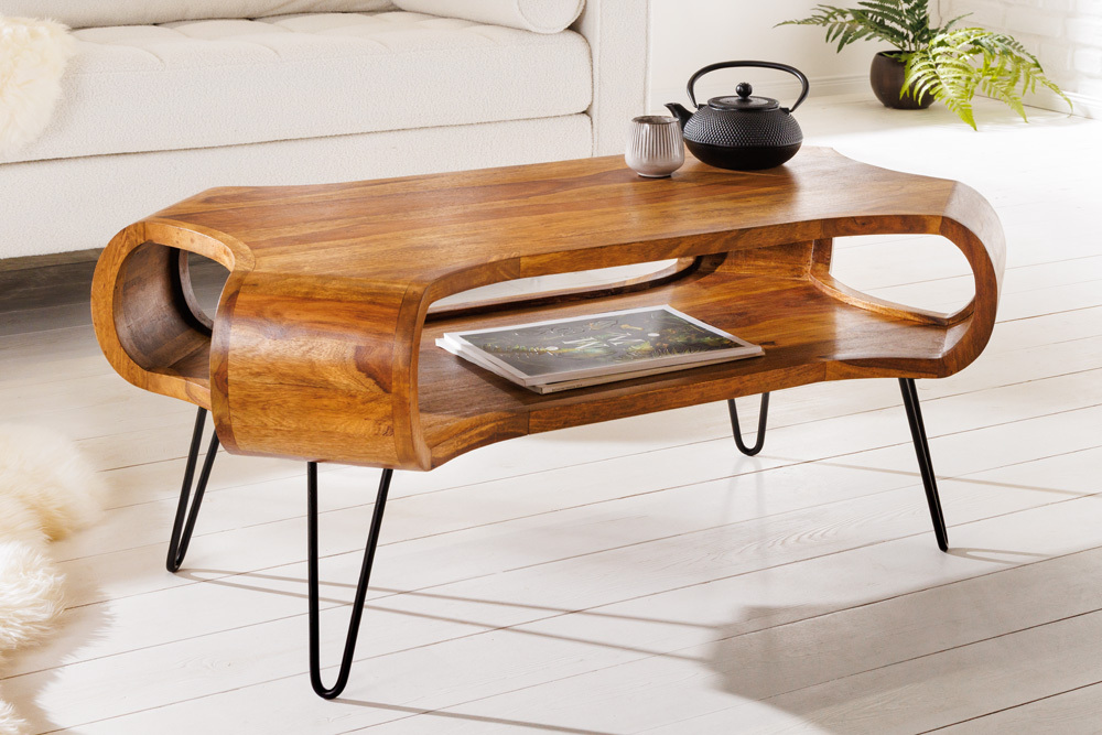 Massivholz Couchtisch ORGANIC LIVING 100cm braun Sheesham stone finish Hairpin Legs