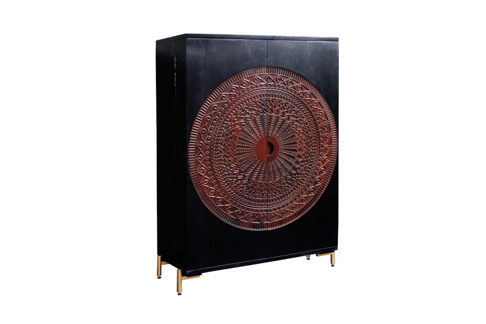 Massiver XXL Barschrank MANDALA 140cm Mangoholz schwarz gold Metallgestell Schnitzerei