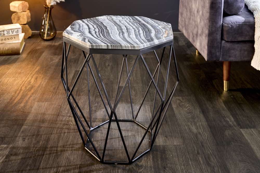Design Beistelltisch DIAMOND 50cm grau Marmor schwarz Metall