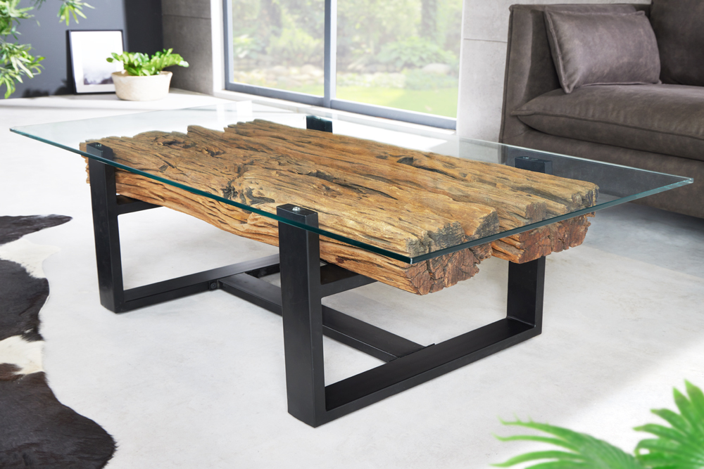 Design Couchtisch BARRACUDA 130cm recyceltes Teakholz Glasplatte schwarz Edelstahl Industrial
