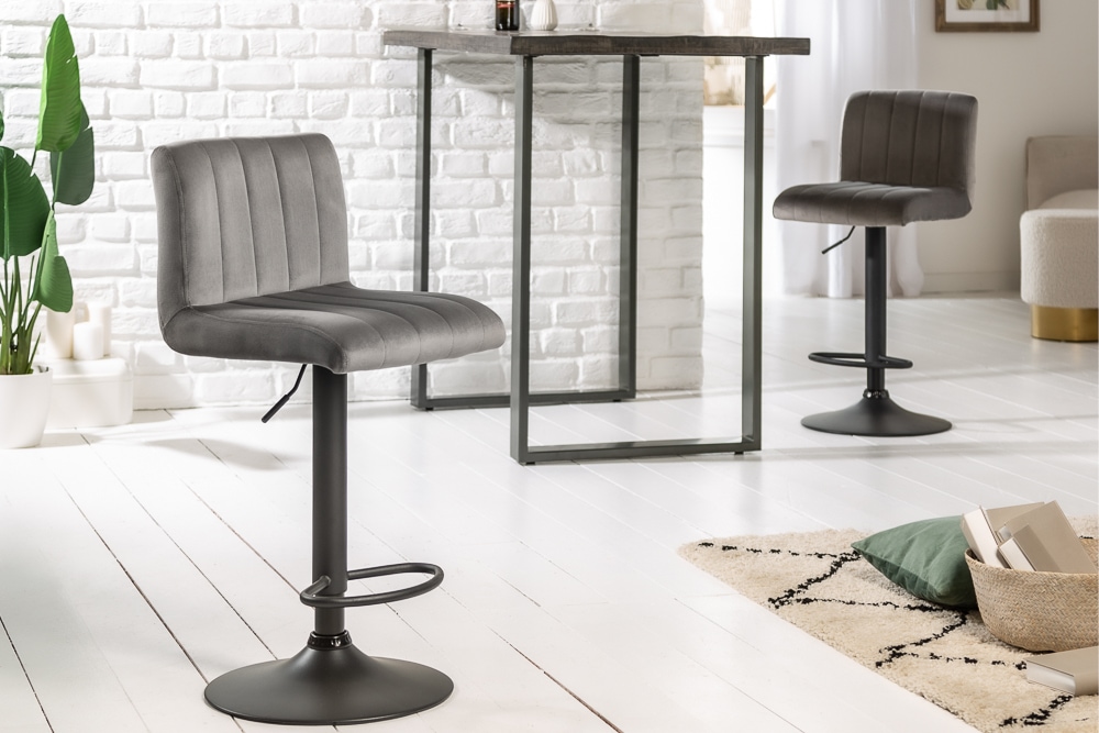Drehbarer Barhocker PORTLAND grau Samt Barstuhl mit Lehne höhenverstellbar Drehbarer Barhocker PORTLAND grau Samt Barstuhl mit Lehne höhenverstellbar