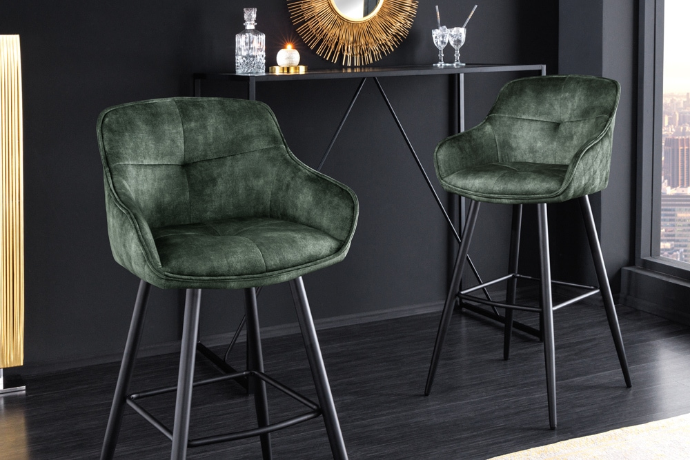 Design Barhocker EUPHORIA dunkelgrün Samt schwarze Metallbeine Barstuhl mit Lehne Design Barhocker EUPHORIA dunkelgrün Samt schwarze Metallbeine Barstuhl mit Lehne
