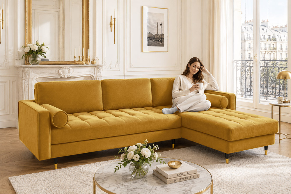 Elegantes Ecksofa COZY VELVET 260cm senfgelb Samt Federkern 3-Sitzer
