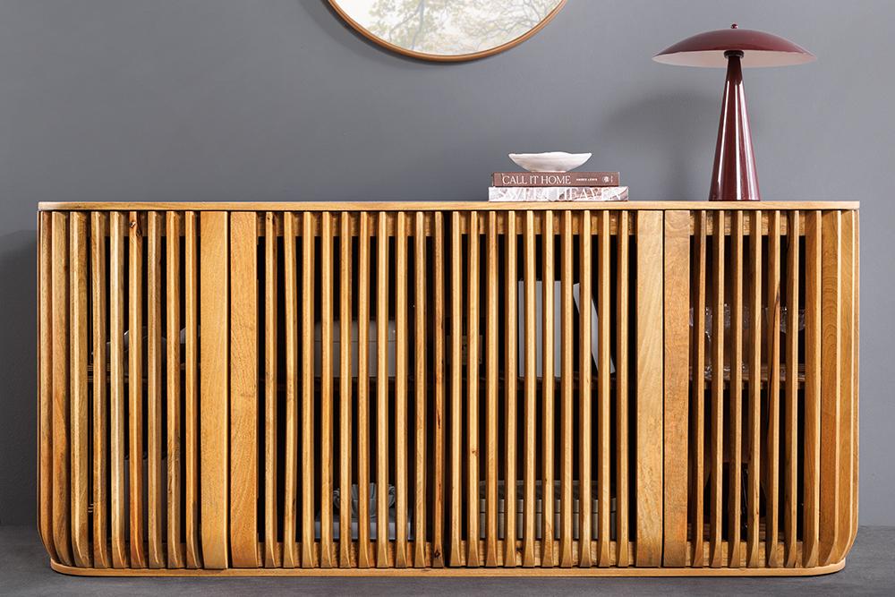 Massives Sideboard SCULPTURA 170cm natur Mangoholz mit abgerundeter Lamellenfront