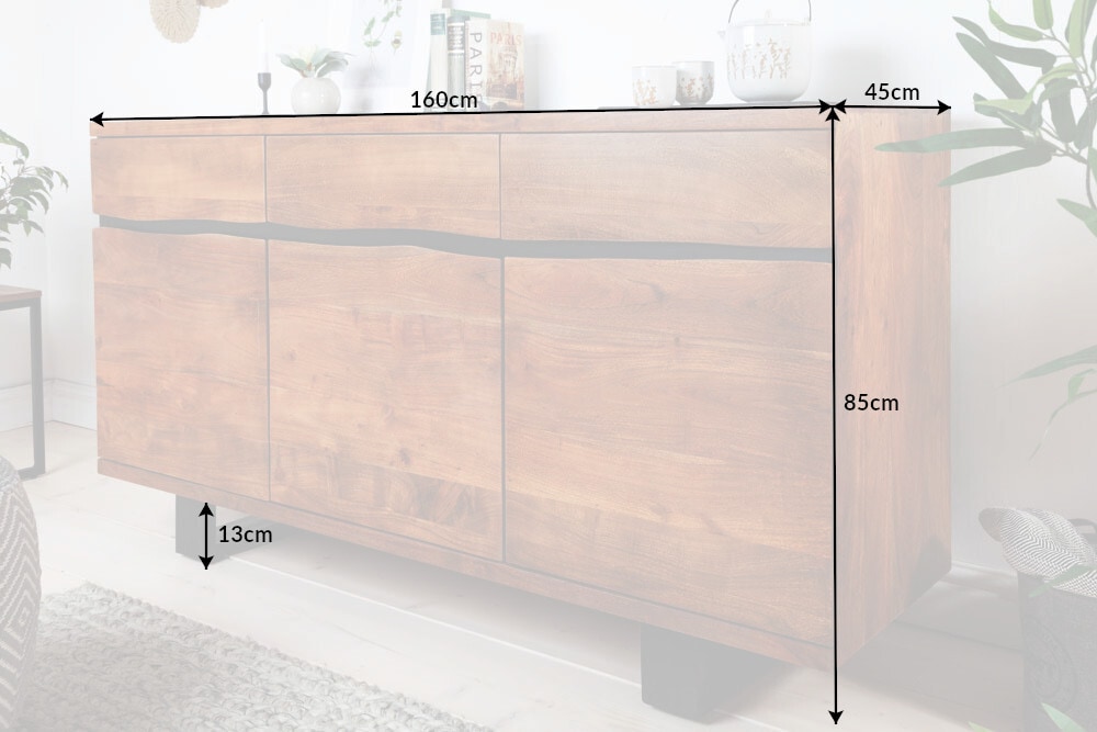 Massivholz Sideboard MAMMUT 160cm Akazie honey finish Metall Baumkante mit Schubladen