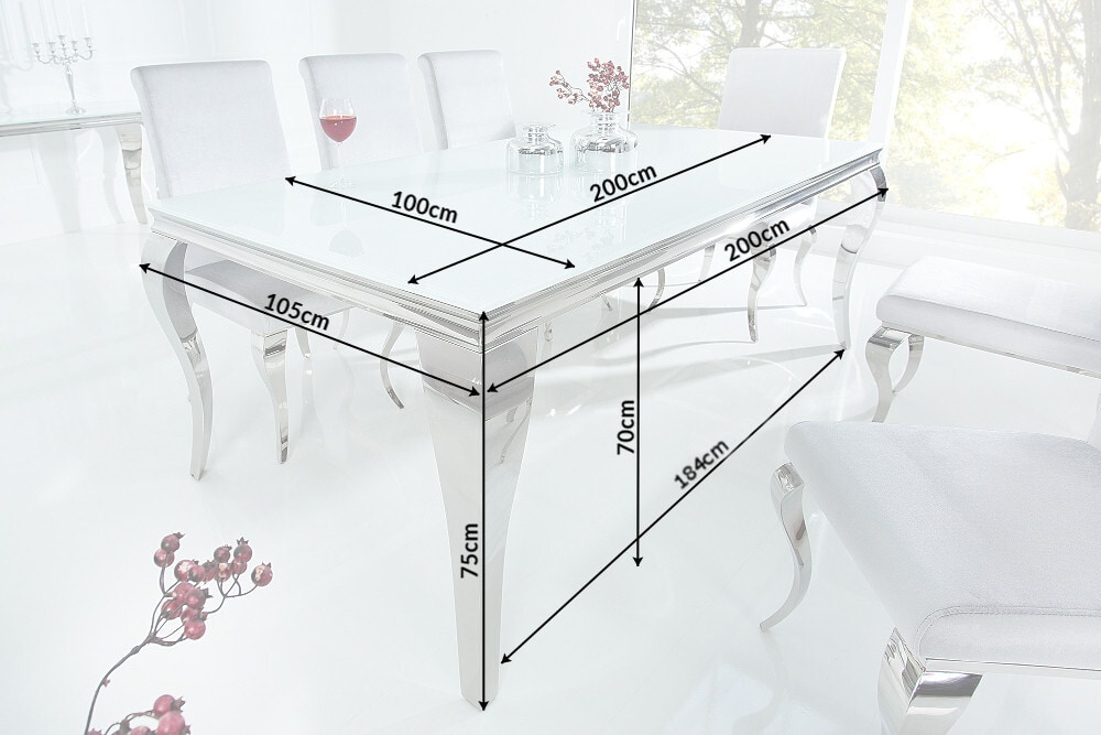 Design Esstisch MODERN BAROCK 200cm weiß Opalglas Tischplatte Edelstahl