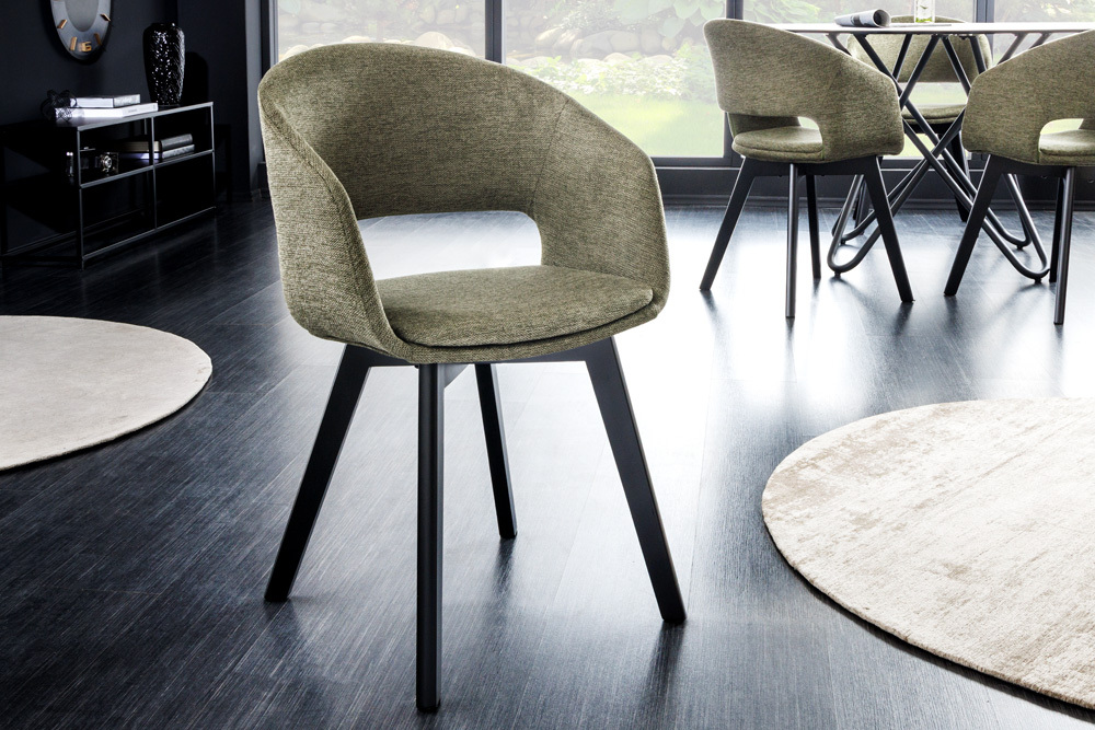 Design Stuhl NORDIC STAR grün Strukturstoff Massivholz schwarz mit Armlehne gepolstert