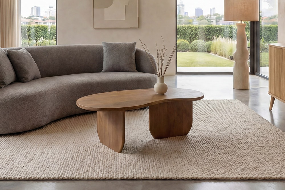 Massiver Couchtisch ORGANIC 120cm natur honey finish Mangoholz organische Form » Jetzt kaufen