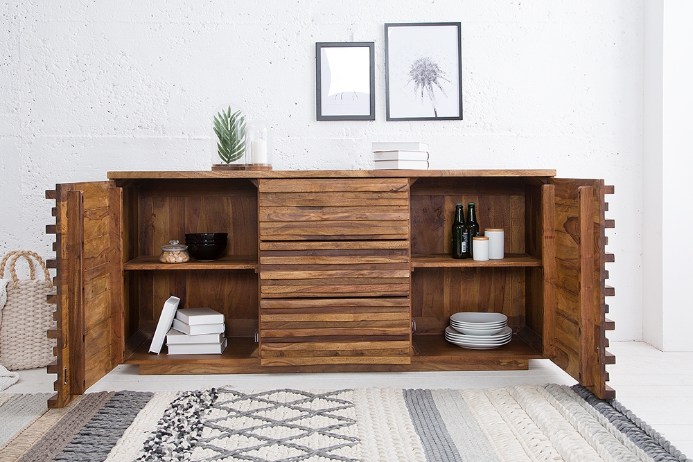 Massivholz Sideboard RELIEF 160cm braun Sheesham stone finish Kommode mit Schubladen
