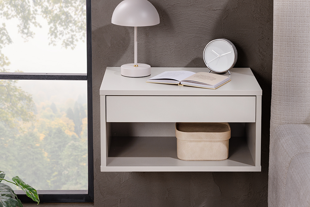 Design Nachttisch COMFORT 50cm weiß hängend mit Schublade und offenem Fach