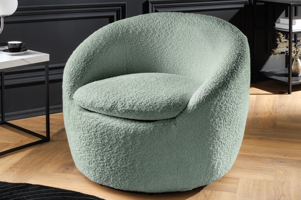 Drehbarer Design Sessel ALPINE salbei Bouclé 360° mit Armlehnen