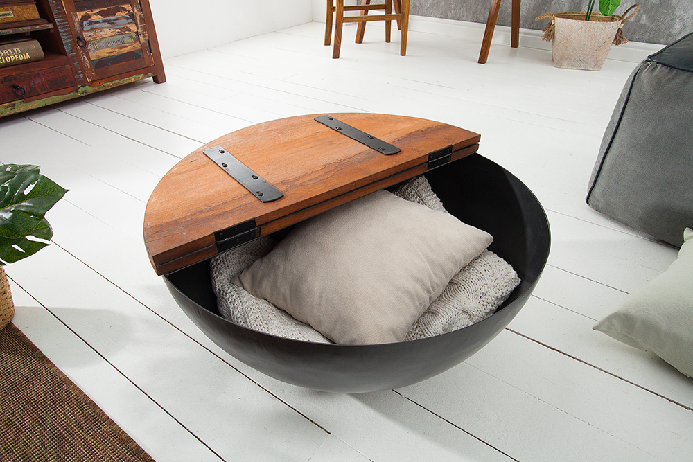 Massivholz Couchtisch JAKARTA 70cm grau rund aus recycelten Fischerbooten