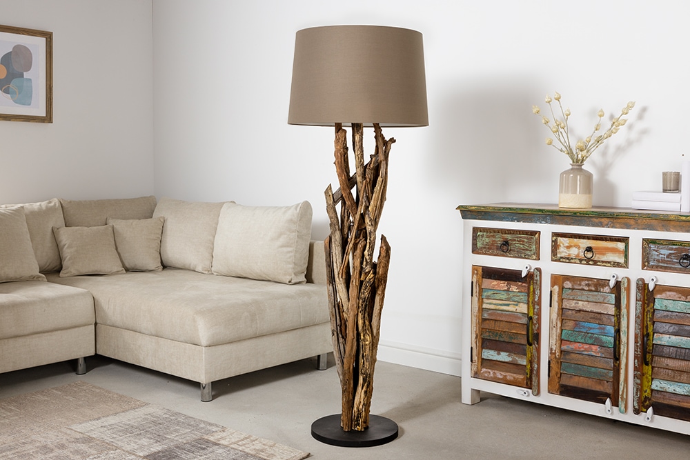 Handgefertigte Stehlampe WILD NATURE 158cm grau Treibholz Stehleuchte Leinenschirm