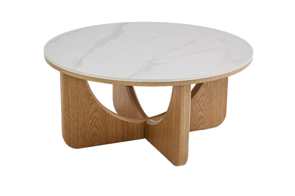 Runder Couchtisch ENSO 80cm weiß Marmor Keramik Eichenholz