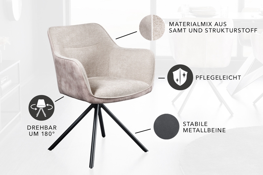 Drehbarer Stuhl VERONA champagner beige Samt Strukturstoff mit Armlehne Metallbeine schwarz