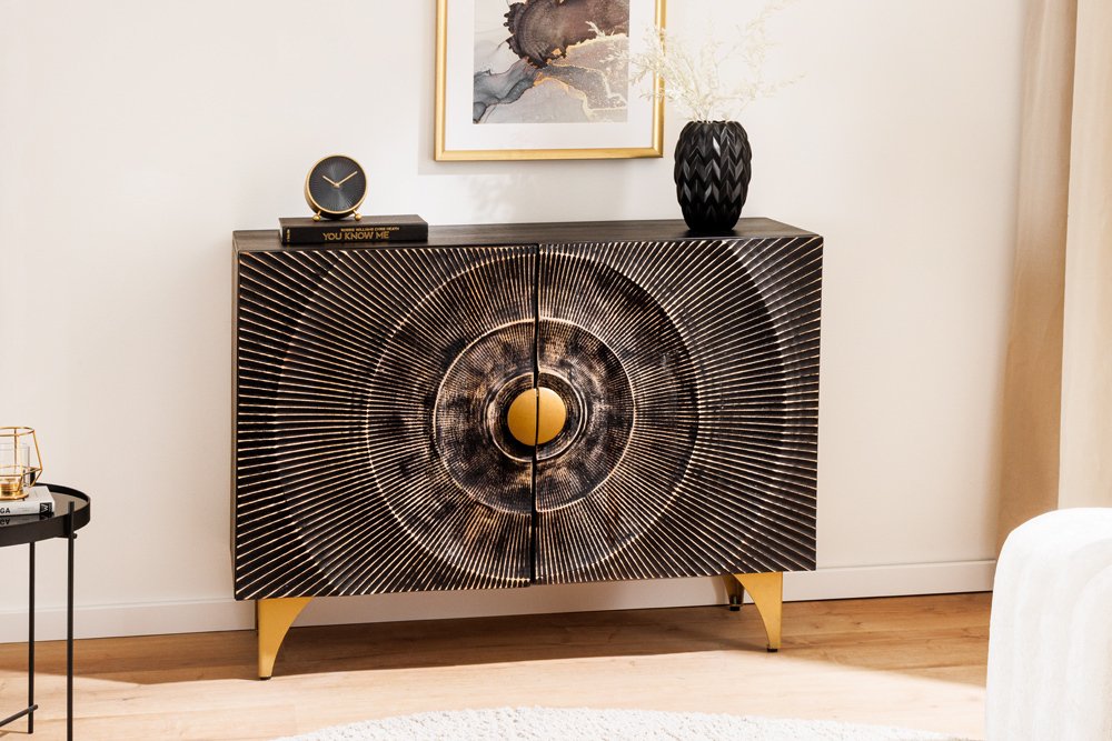 Massives Sideboard GOLDEN SUNSET 100cm schwarz Mangoholz 3D Schnitzerei gold Metall