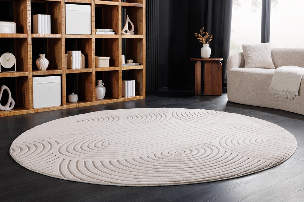 Runder 3D strukturierter Kurzflor Teppich ART DECO 230cm beige creme Hoch-Tief-Effekt