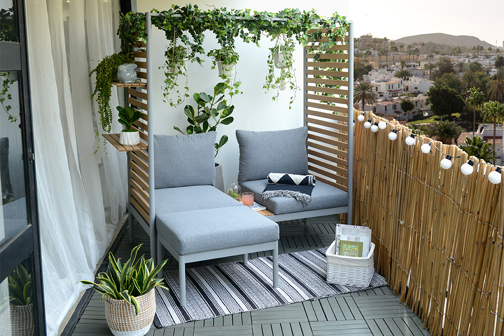 Outdoor Balkonlounge 2-Sitzer COCOONING anthrazit Aluminium Holz mit Hocker wetterfest