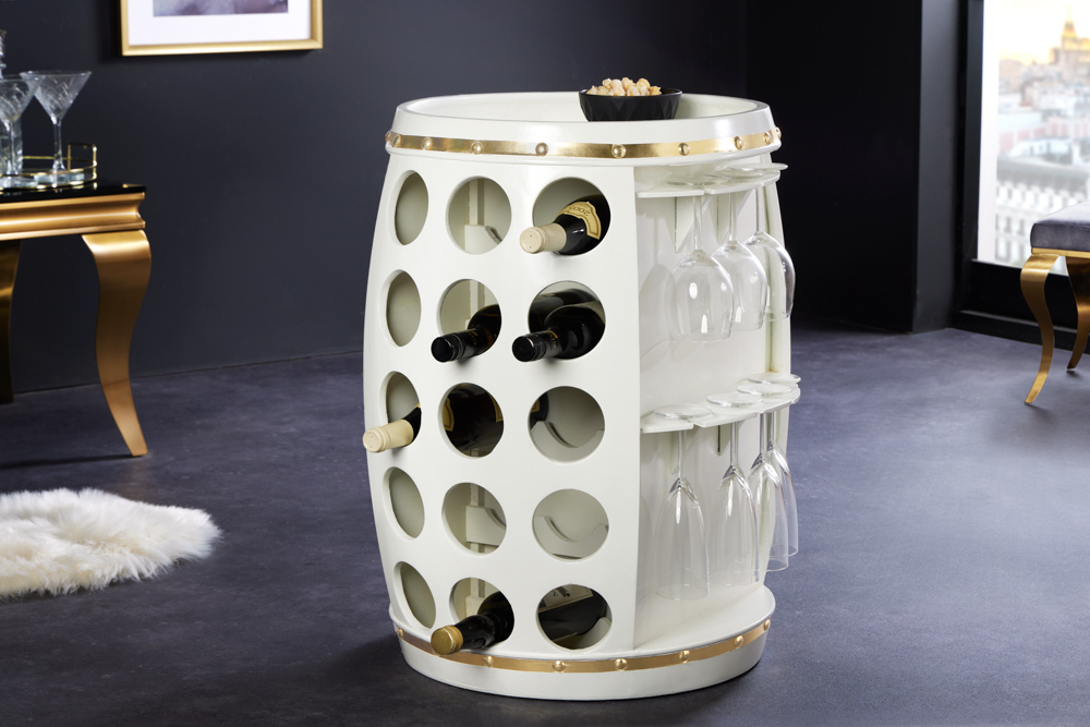 Design Weinfass BODEGA WHITE 70cm weiß gold Pinie Flaschen Gläseraufhängung
