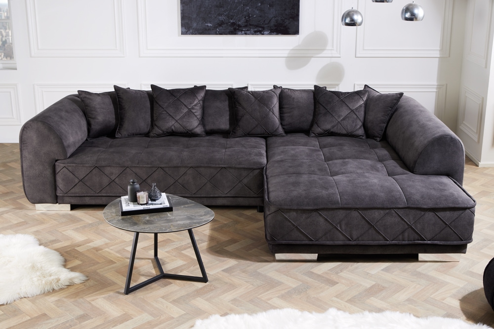 Modernes XXL Ecksofa DECADENCIA 320cm dunkelgrau Samt inkl. Kissen Bigsofa