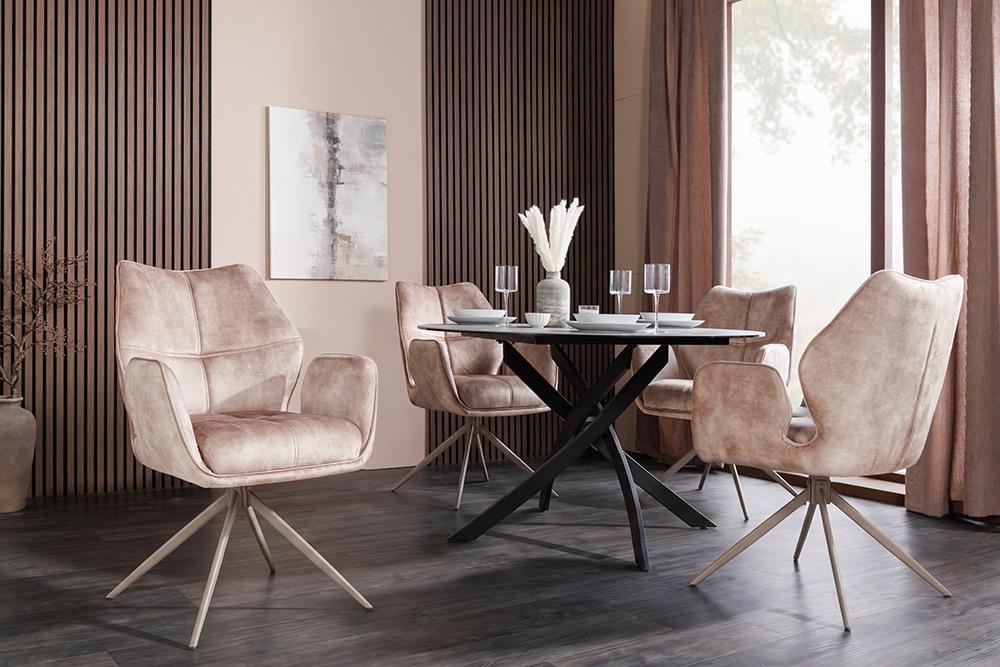 Drehbarer Design Stuhl CONCORD champagner greige Samt Taschenfederkern Metallgestell greige