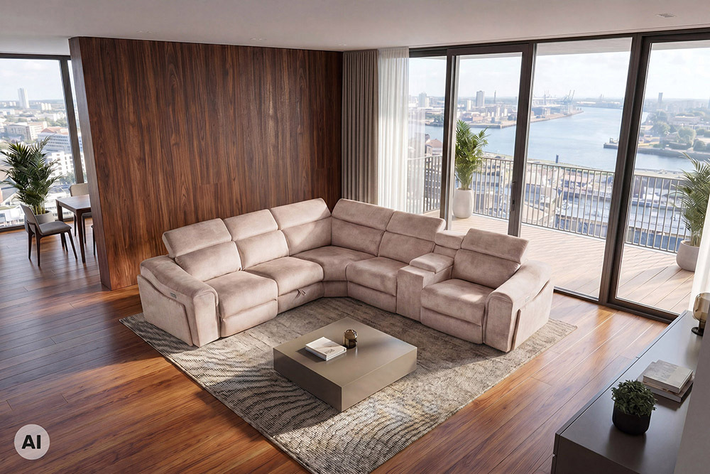 Multifunktionales Ecksofa PRIME 300cm beige Vogue Seiden Samtstoff Relaxfunktion