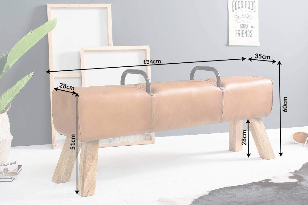 Retro Sitzbank TURNBOCK 134cm mit Echtleder Bezug Mangoholz Bank