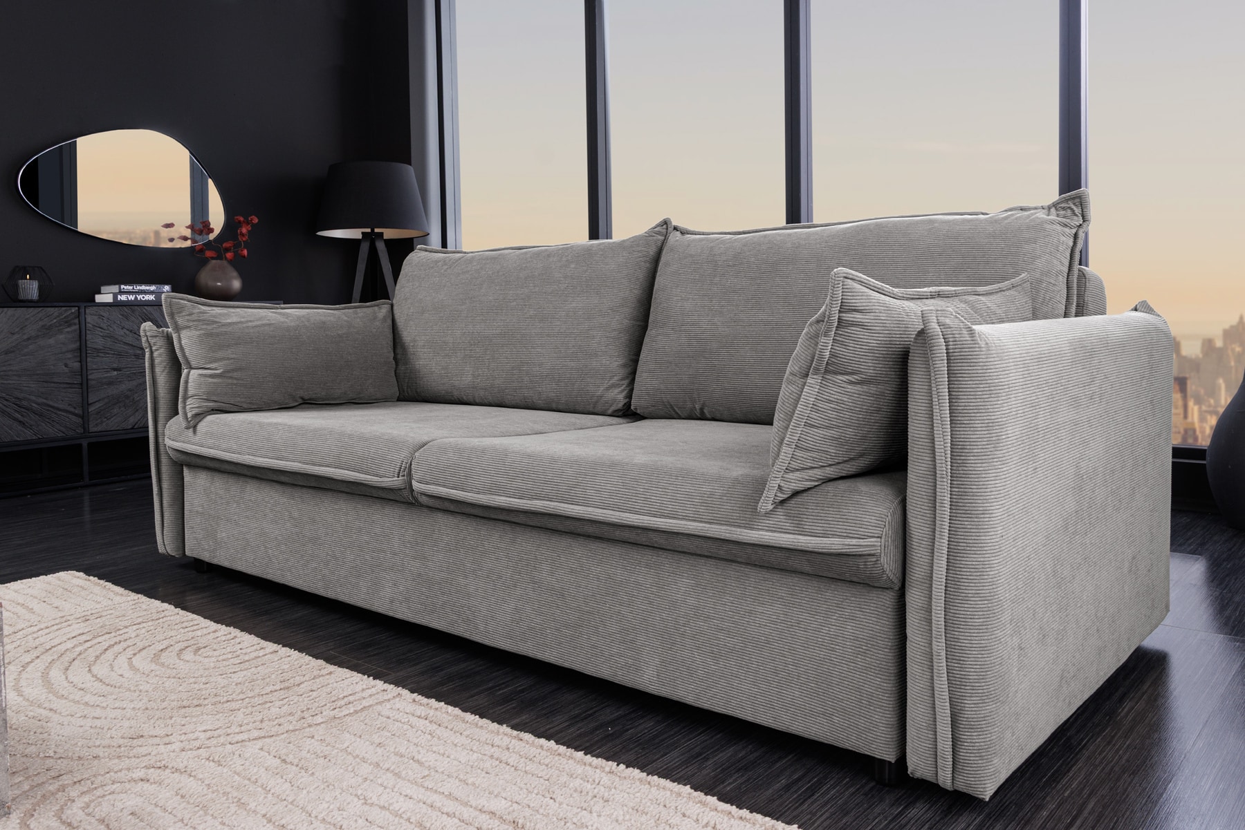 XXL Sofa mit Schlaffunktion APARTMENT grau Cord inkl. Bettkasten und Kissen