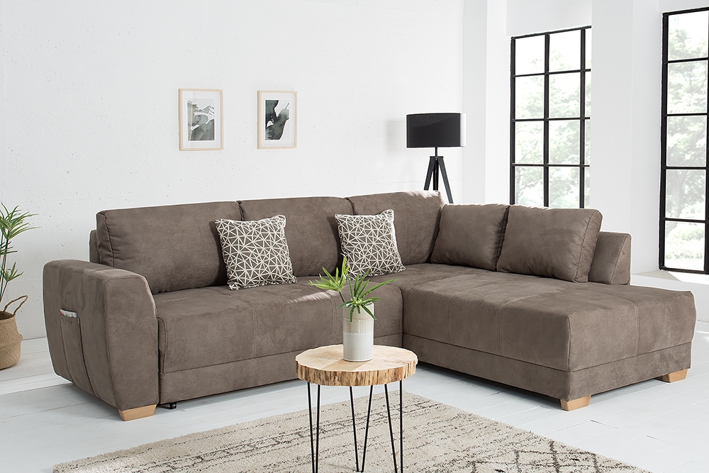 Modernes Ecksofa NORWAY 250cm taupe Microfaser Schlafsofa mit Bettkasten Federkern