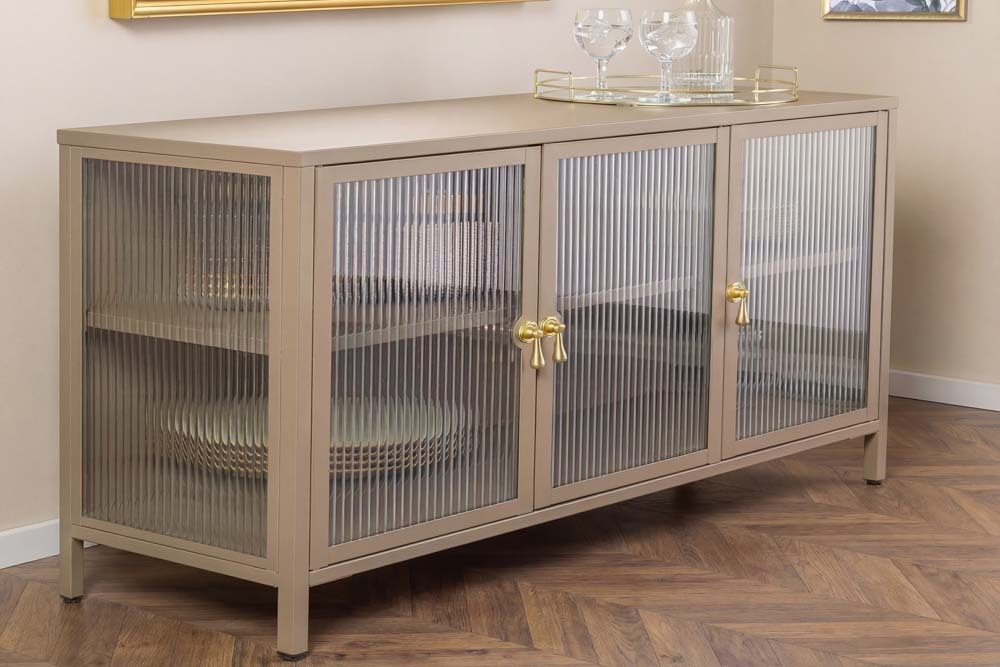 Modernes Sideboard AMSTERDAM 105cm greige gold Vitrine Schrank Riffelglas Metall