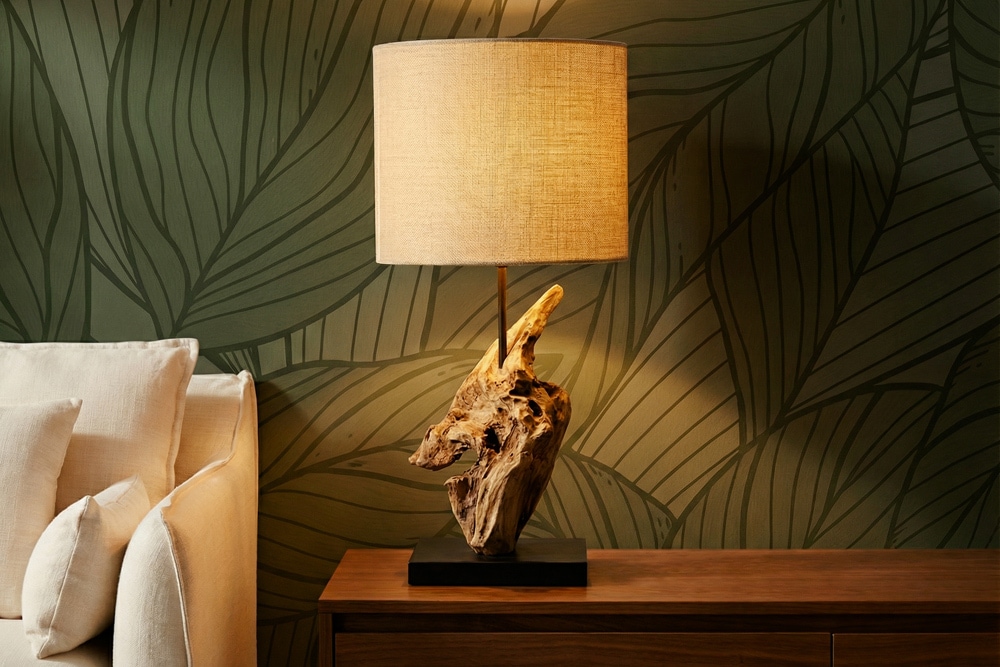 Treibholz Tischlampe HYPNOTIC 60cm natur Leinen-Schirm