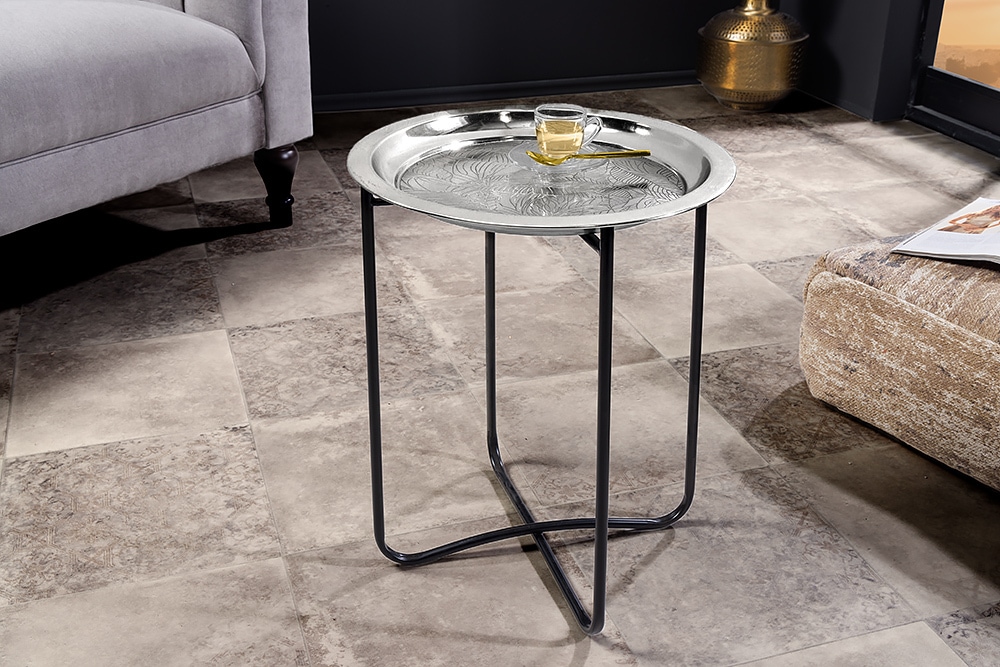 Orientalischer Beistelltisch CASABLANCA 50cm silber schwarz Tablett abnehmbar klappbar