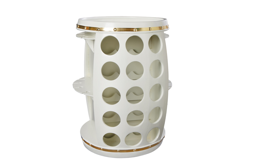 Design Weinfass BODEGA WHITE 70cm weiß gold Pinie Flaschen Gläseraufhängung