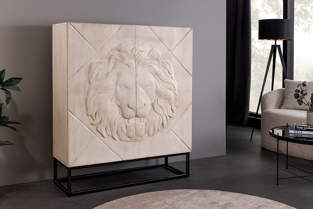 Massives Highboard LION 120cm creme Mangoholz schwarz Metall 3D Schnitzereien Kunstwerk