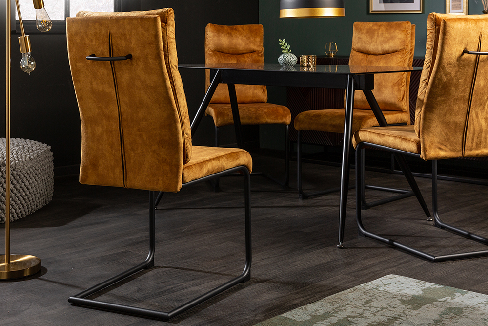 Moderner Freischwinger Stuhl COMFORT senfgelb Samt mit Komfortgriff