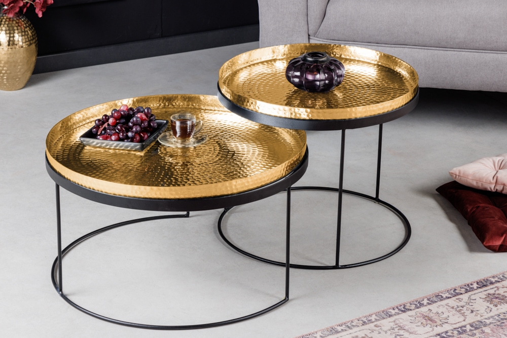 2er Set Runde Couchtische ELEMENTS 60cm gold schwarz Metall Tabletttisch Beistelltisch handmade