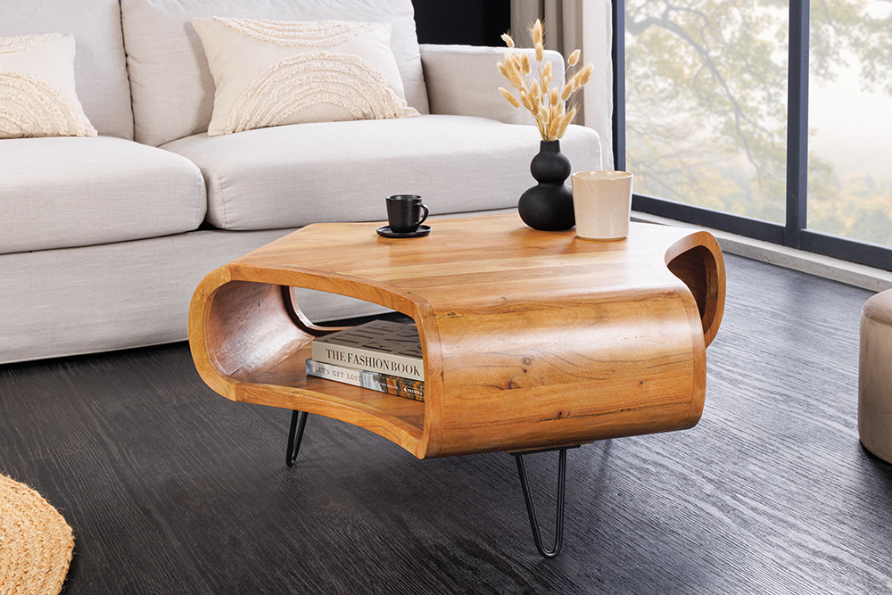 Massiver Couchtisch ORGANIC LIVING 90cm braun honey finish Akazienholz  mit Stauraum