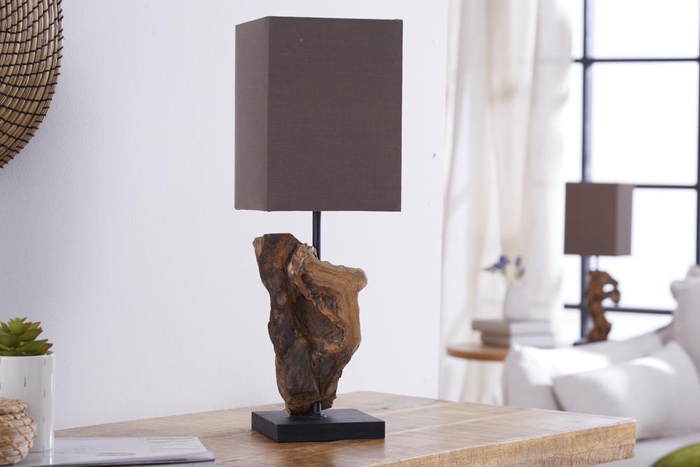 Handgearbeitete Treibholz Tischlampe HYPNOTIC 45cm braun mit Leinenschirm