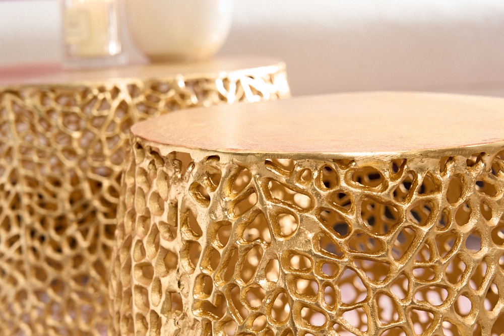2er Set Filigraner Design Couchtisch ABSTRACT LEAF gold Handarbeit Metall rund