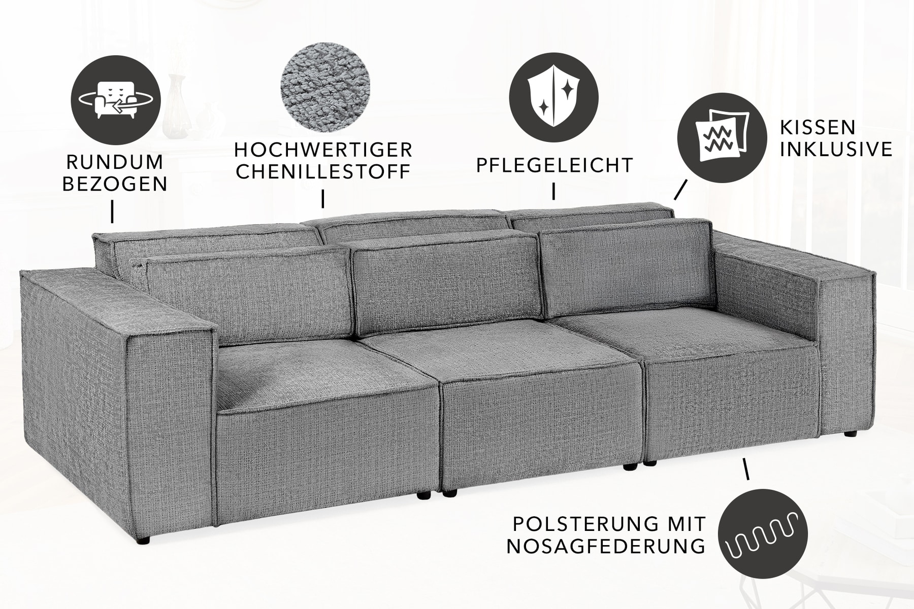 Design 3-Sitzer Sofa BOSSA NOVA 260cm grau Chenille XXL-Couch