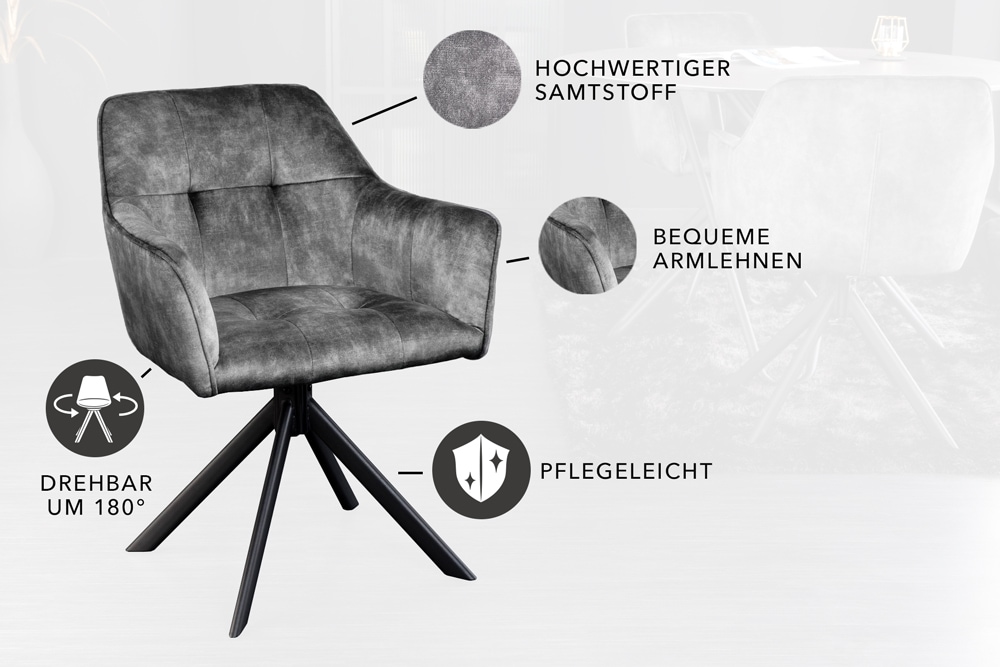 Design Stuhl LOFT dunkelgrau Samt drehbar Metallgestell schwarz mit Armlehne