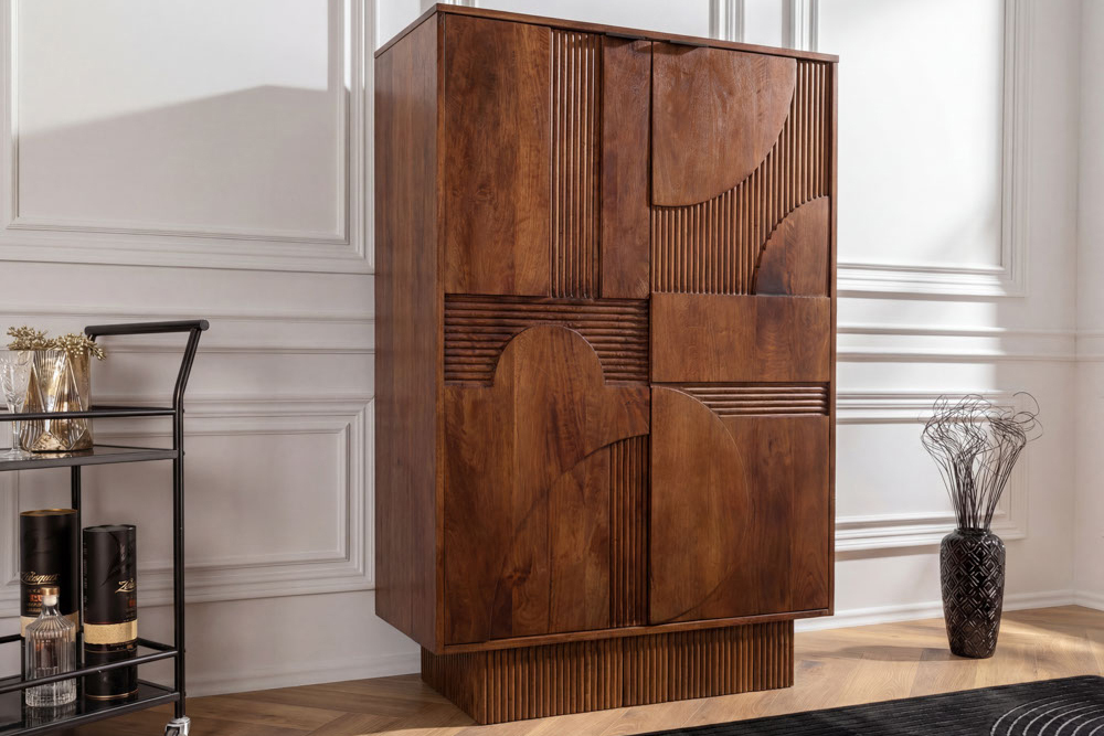 Massiver Barschrank ART DECO 140cm braun Mangoholz 3D-Front Highboard Flaschenregal