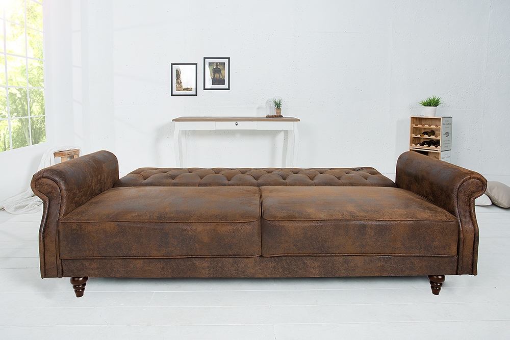 Chesterfield 3-Sitzer Sofa MAISON BELLE AFFAIRE 220cm antik braun Microfaser mit Schlaffunktion